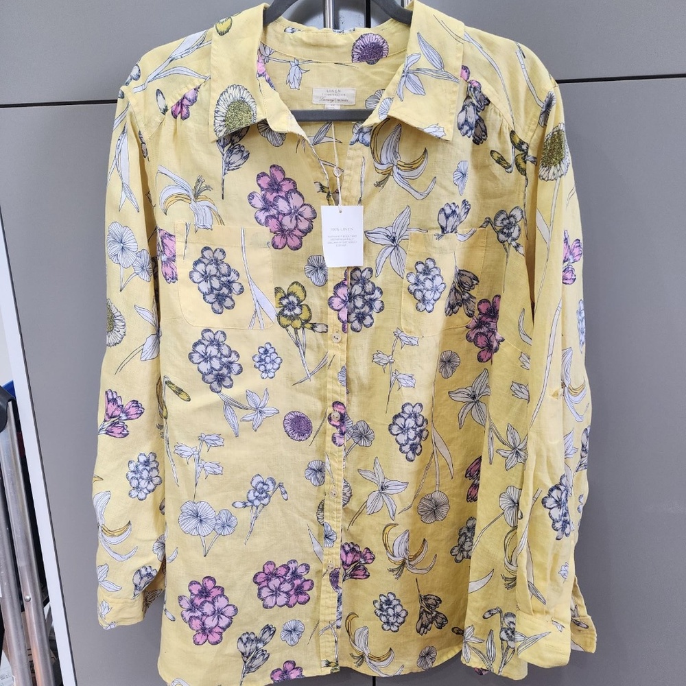 NWT CHARTER CLUB LUXURY 100% LINEN FLORAL  LS TUNIC BLOUSE- SIZE 3X